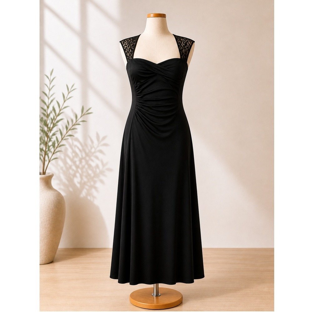 Lauren Ralph Lauren Evening Black Gown Sequin Lace Cap Sleeve Ruched Dress 16